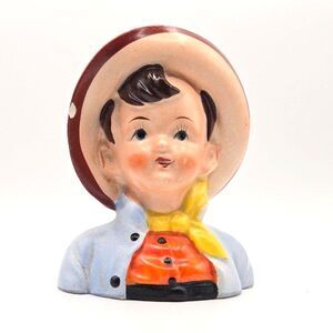 Vintage Occupied Japan Hand Painted Figural Head Boy in Hat Vase Collectible  4"